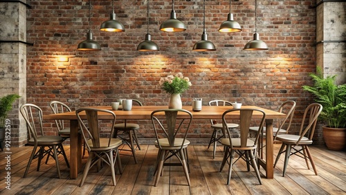 Empty rustic wooden table pushed against a distressed brick wall, surrounded by vintage metal chairs, creating a cozy and intimate dining atmosphere.