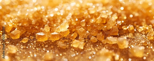 Close-Up of Sparkling Golden Sugar Crystals with Bokeh Background photo