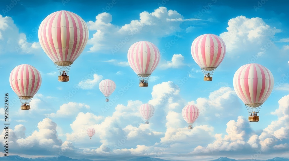 Naklejka premium Multiple Hot Air Balloons Floating in Cloudy Sky