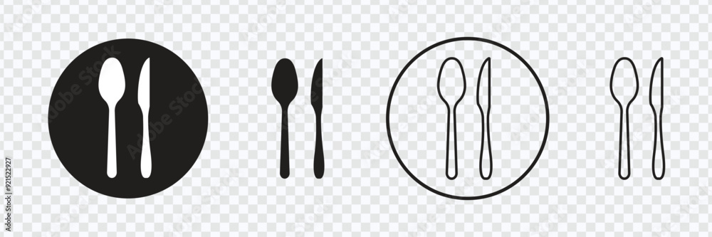 Fork, Spoon, Knife, and Plate Icon Set in Line and Flat Style, Cutlery icon set in line and flat style.