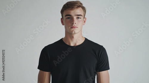 Young Man in a Black T-Shirt Against a White Background