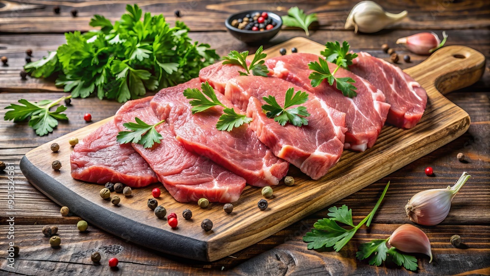 Freshly cut raw veal slices arranged on a rustic wooden cutting board, surrounded by fresh parsley and a sprinkle of black pepper. Freshly cut raw veal slices arranged on a rustic wooden cutting board, surrounded by fresh parsley and a sprinkle of black pepper.