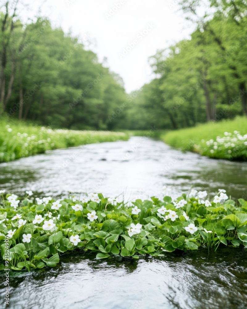 Fototapeta premium Calm Morning in Forest A Tranquil Stream Among Blooming Flowers and Lush Greenery