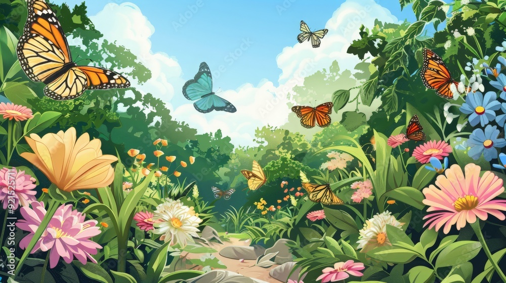 Fototapeta premium An illustrated scene of a butterfly and bee sharing a flower, highlighting pollination and nature's harmony