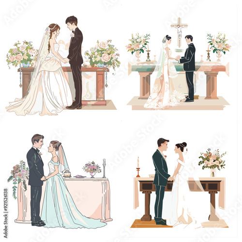 A couple getting married in a church. The bride is wearing a white dress and the groom is wearing a black suit. The bride is holding the groom's hand and they are both smiling