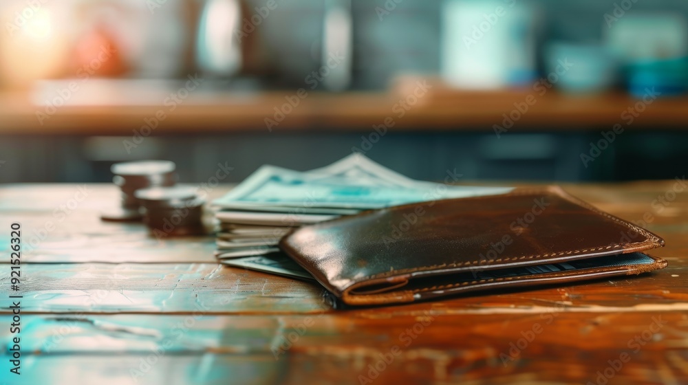 Brown Leather Wallet on Wooden Table with Money Brown Leather Wallet on Wooden Table with Money