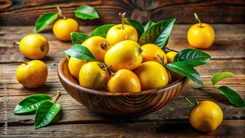 Golden beeri fruit with vibrant yellow skin and green leaves, arranged in a decorative bowl, against a rustic wooden table background. photo