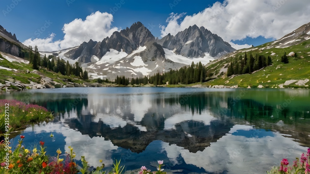 A serenely isolated alpine lake is cradled amongst towering mountains, enveloped in a blanket of vibrant wildflowers dancing in the crisp mountain air. The tranquil surface of the lake mirrors the maj A serenely isolated alpine lake is cradled amongst towering mountains, enveloped in a blanket of vibrant wildflowers dancing in the crisp mountain air. The tranquil surface of the lake mirrors the maj