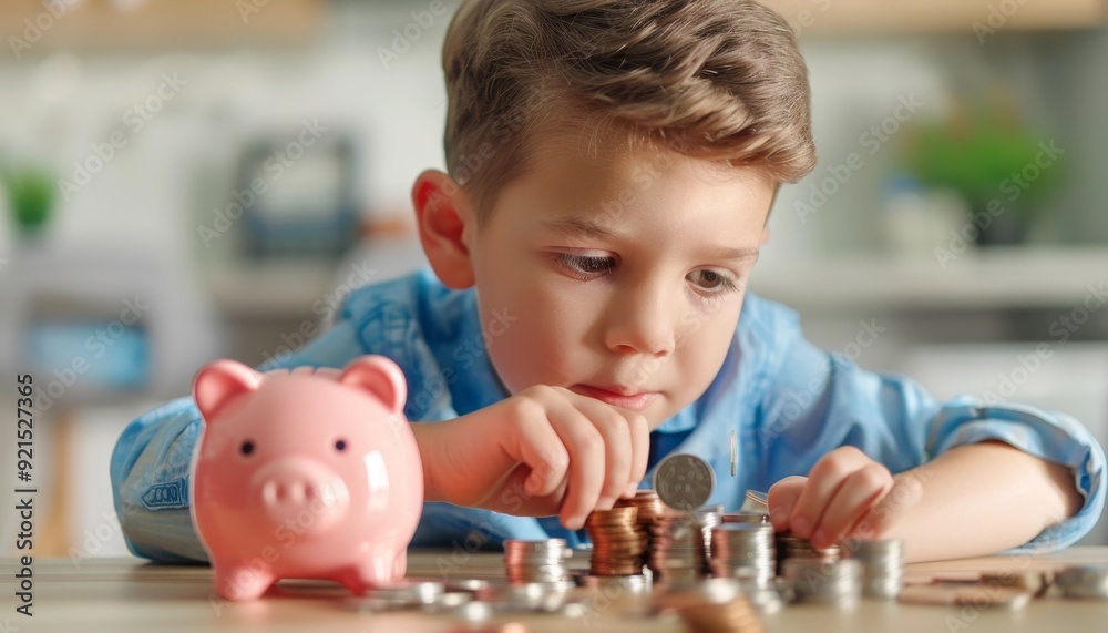 Little boy counting coins and saving money in piggy bank Little boy counting coins and saving money in piggy bank