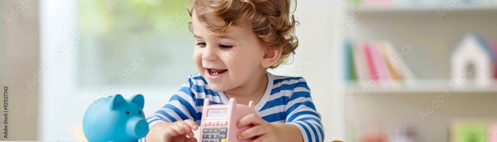 Cute Toddler Holding a Piggy Bank and Toy Cash Register Cute Toddler Holding a Piggy Bank and Toy Cash Register