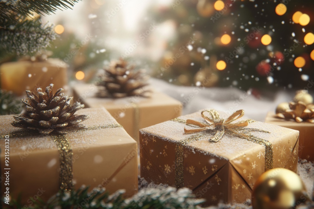Festive holiday gifts wrapped in elegant gold and silver under sparkling lights in a cozy winter setting