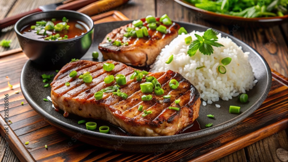 Juicy grilled pork chops served alongside a flavorful scoop of steaming hot white rice, garnished with fresh green onions and a drizzle of savory sauce. Juicy grilled pork chops served alongside a flavorful scoop of steaming hot white rice, garnished with fresh green onions and a drizzle of savory sauce.