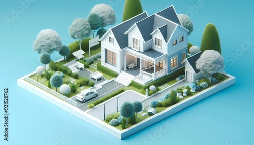 3d house with park in realistic style with blue and green color palette. building and exterior architecture.
