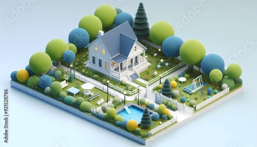 3d house with park in realistic style with blue and green color palette. building and exterior architecture.