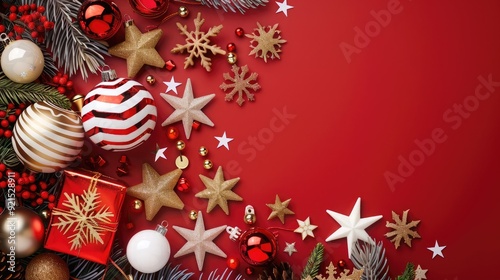 Festive Christmas decorations with ornaments, stars, and gifts on a red background. Perfect for holiday greeting cards and seasonal projects.