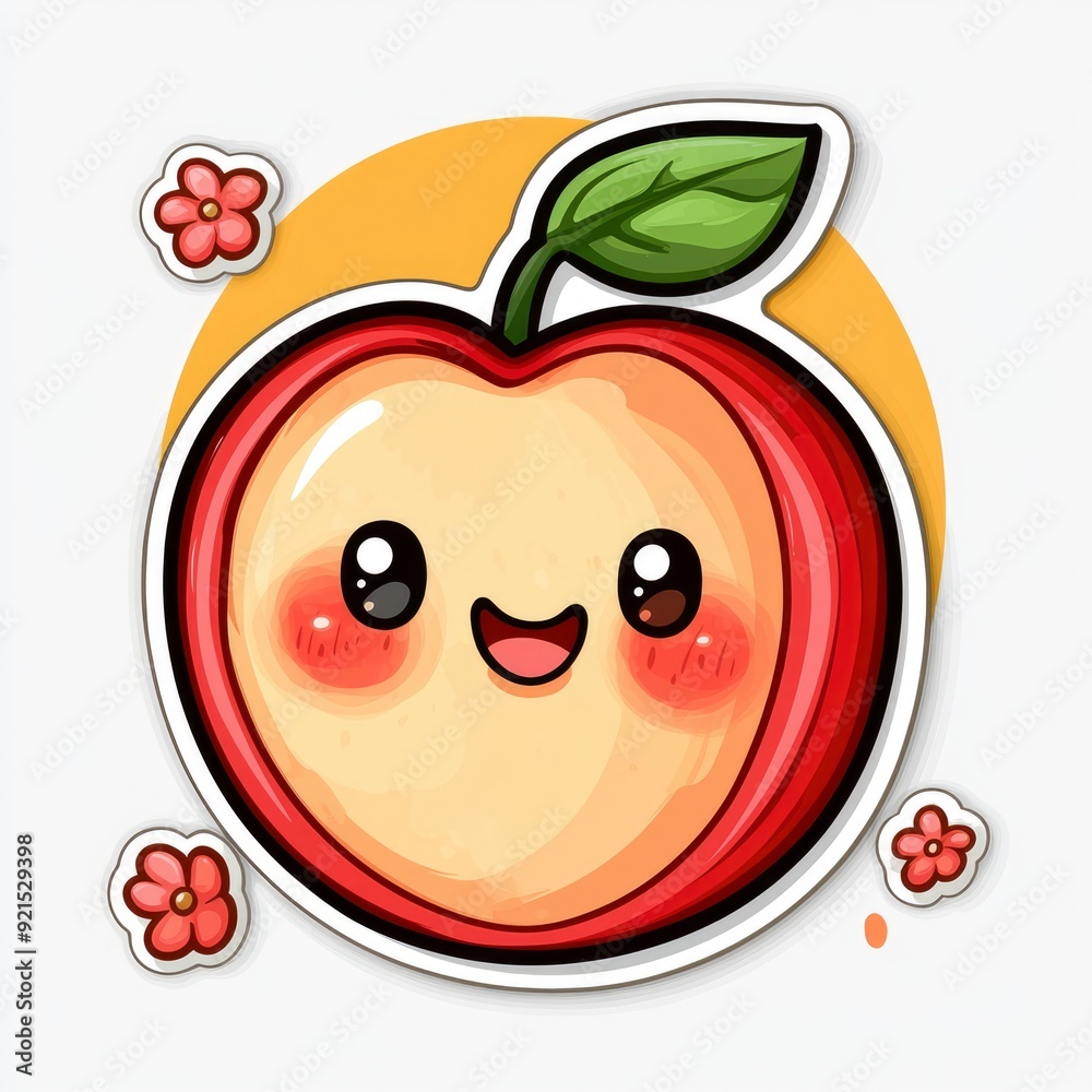 Obraz premium Cute Cartoon Apple with Smiling Face and Flowers