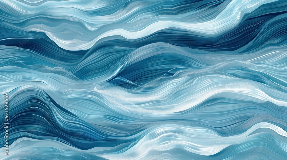 Gentle ocean waves ripple in various shades of blue under soft light, creating a calming and serene atmosphere