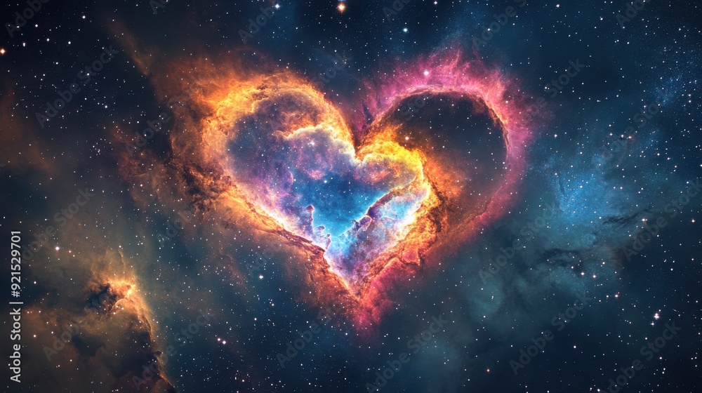 Obraz premium A colorful heart is surrounded by a cloud of gas and dust in space. The heart is surrounded by a blue and orange cloud, with the blue cloud being the larger of the two