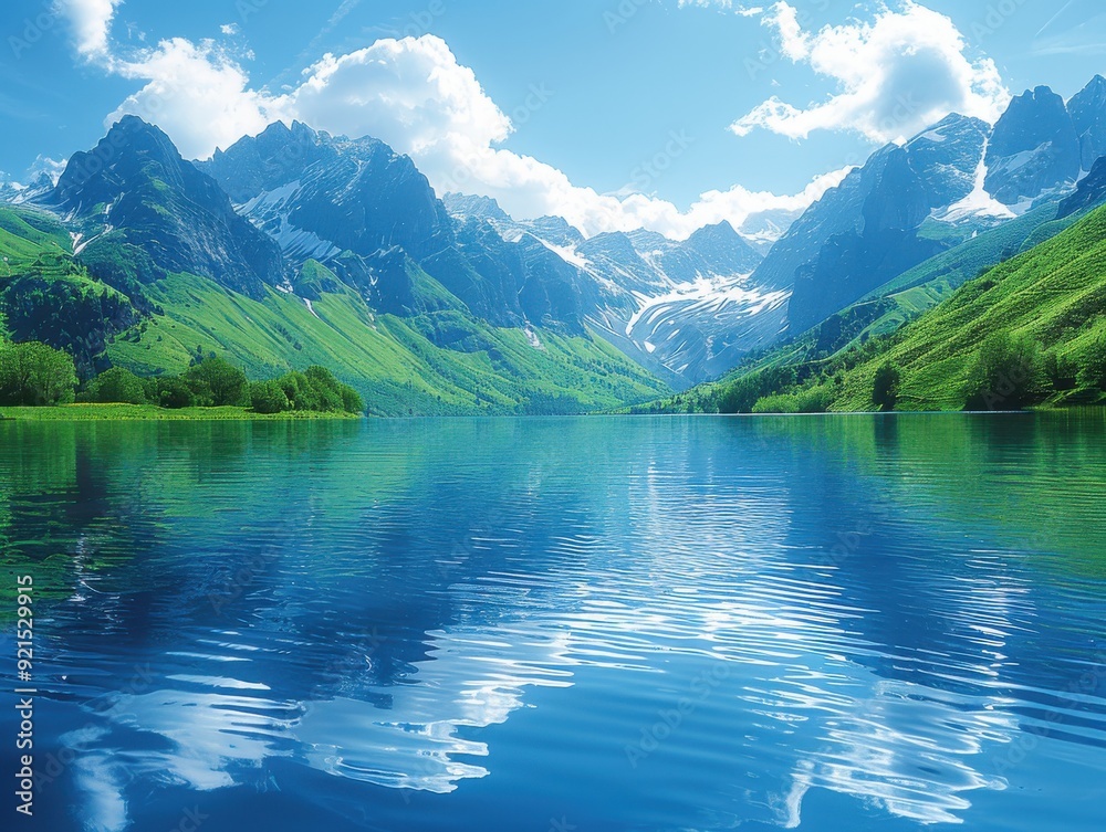 Pristine Mountain Lake with Majestic Peaks and Lush Greenery: A Serene Scene of Nature's Beauty Reflecting on Clear Blue Waters Pristine Mountain Lake with Majestic Peaks and Lush Greenery: A Serene Scene of Nature's Beauty Reflecting on Clear Blue Waters
