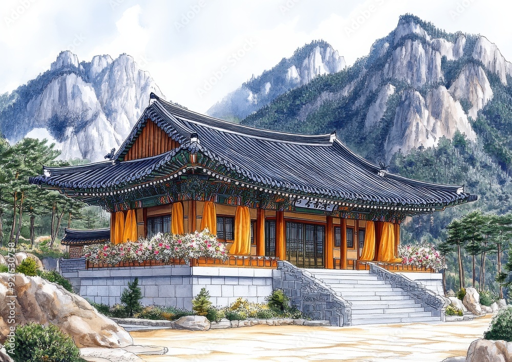 Scenic Traditional East Asian Temple with Majestic Mountain Background and Lush Greenery Under a Clear Blue Sky Scenic Traditional East Asian Temple with Majestic Mountain Background and Lush Greenery Under a Clear Blue Sky
