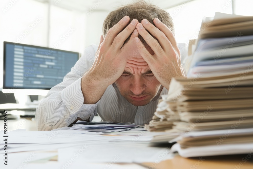 Stressed Middle-Aged White Male at Cluttered Desk in Office During Day Stressed Middle-Aged White Male at Cluttered Desk in Office During Day