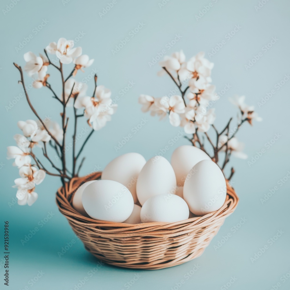 A basket of eggs is surrounded by white flowers A basket of eggs is surrounded by white flowers