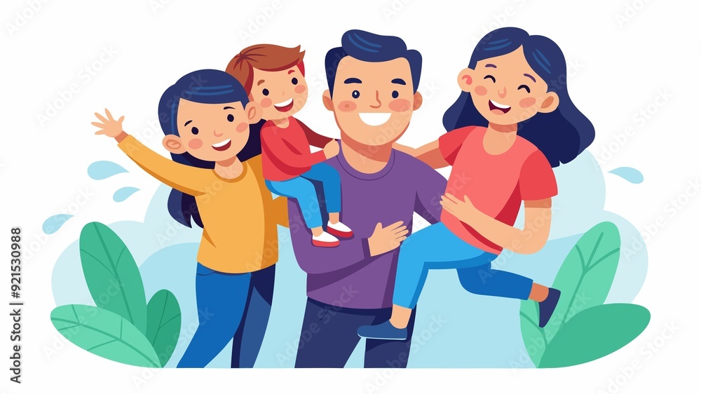 A family having fun with piggyback rides. The lighthearted moment highlights the importance of creating happy memories for children and fostering a strong sense of family connection. A family having fun with piggyback rides. The lighthearted moment highlights the importance of creating happy memories for children and fostering a strong sense of family connection.