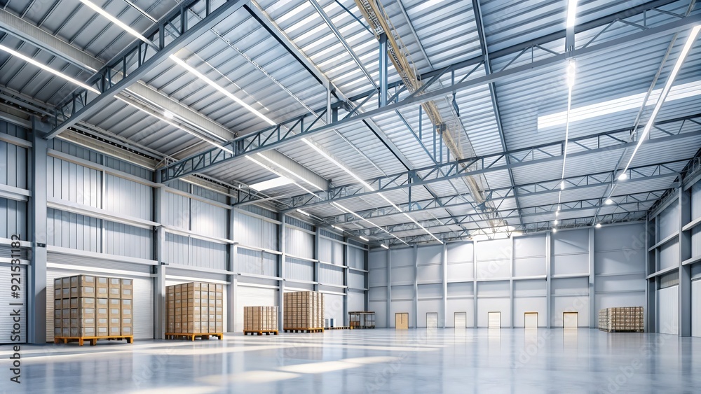 Minimalist modern interior of a large empty white warehouse with 3D modeling and rendering of industrial space for storage and logistics operations. Minimalist modern interior of a large empty white warehouse with 3D modeling and rendering of industrial space for storage and logistics operations.