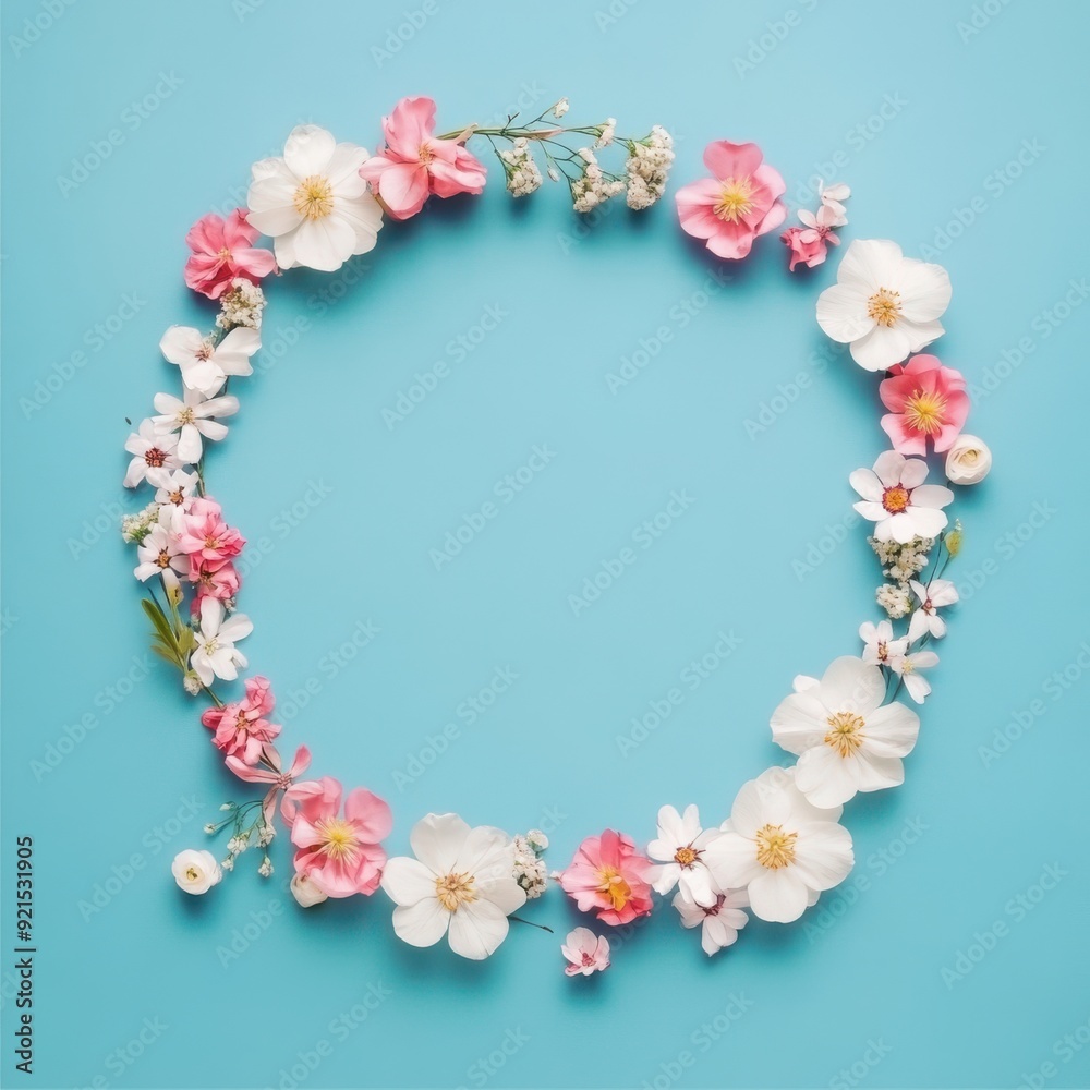 Minimalist circular floral wreath with pink and white flowers on a pastel blue background
Minimalist circular floral wreath with pink and white flowers on a pastel blue background