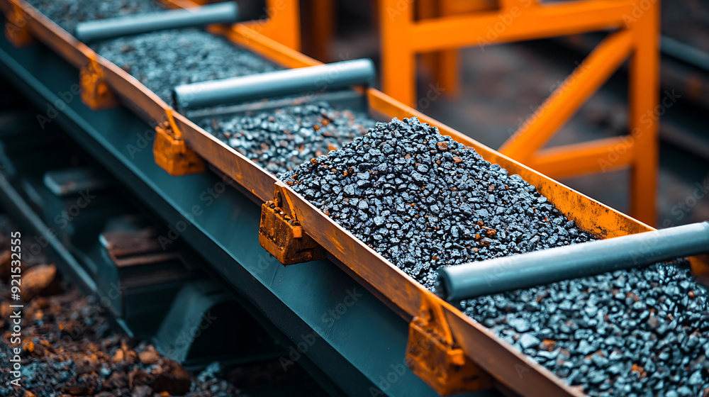 Close-up of a conveyor belt system transporting raw gravel through a quarry, highlighting the industrial process of material handling. Close-up of a conveyor belt system transporting raw gravel through a quarry, highlighting the industrial process of material handling.