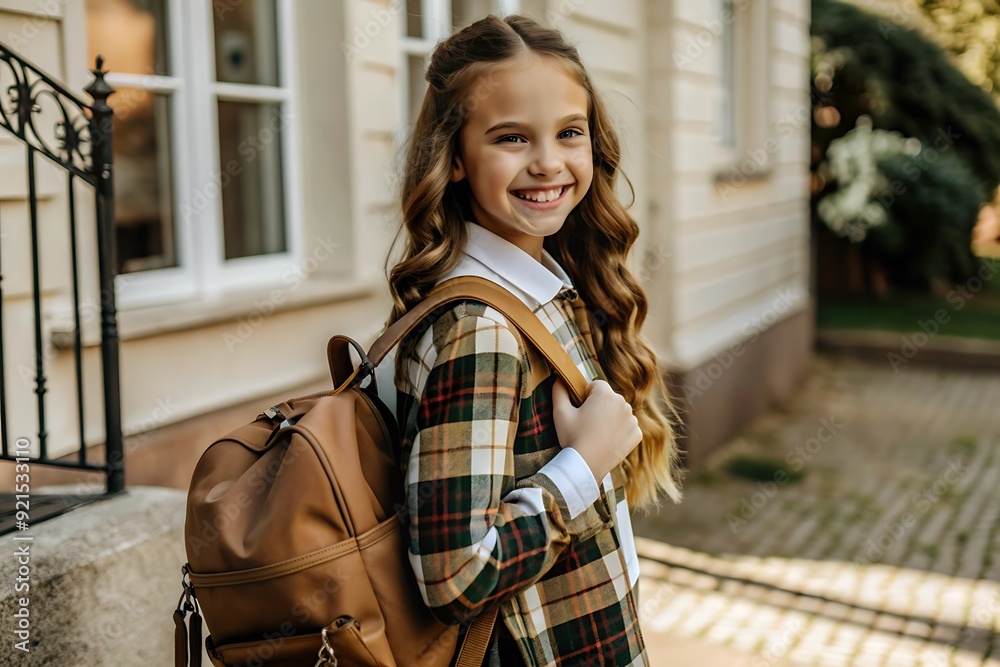 Fototapeta premium Happy school girl with backpack standing outdoors.