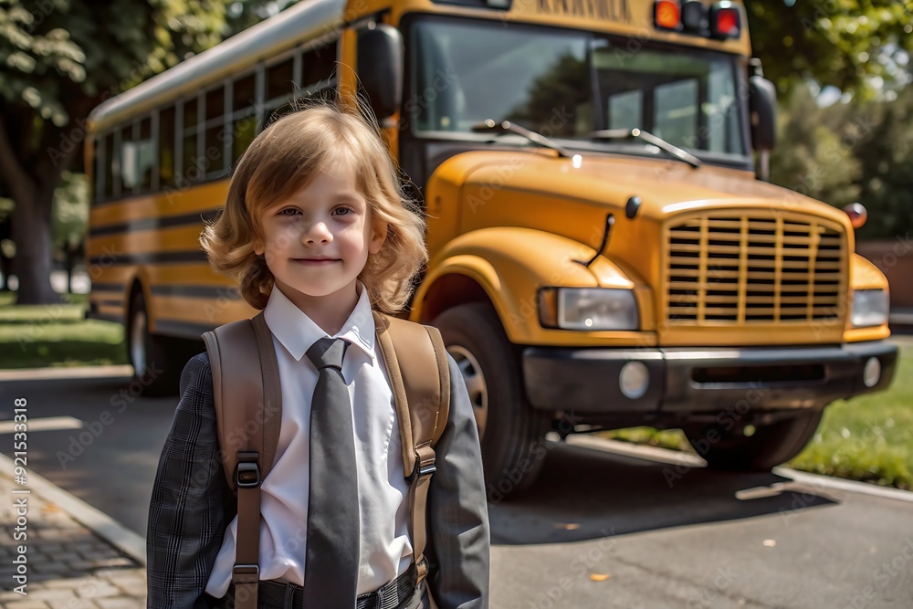 Schoolboy Standing in Front of a Yellow School Bus. Schoolboy Standing in Front of a Yellow School Bus.