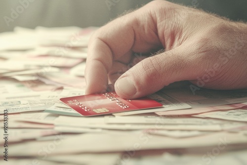 Close-Up of Hand Gripping Credit Card in Stressful Financial Crisis Scene with Bills and Documents in Background