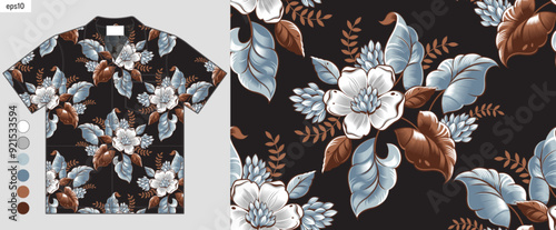 aloha summer fashion, tropical gradient flowers seamless pattern, artwork on hawaiian shirt fashion mockup, elegance hibiscus flora abstract, shirt mockup llustration