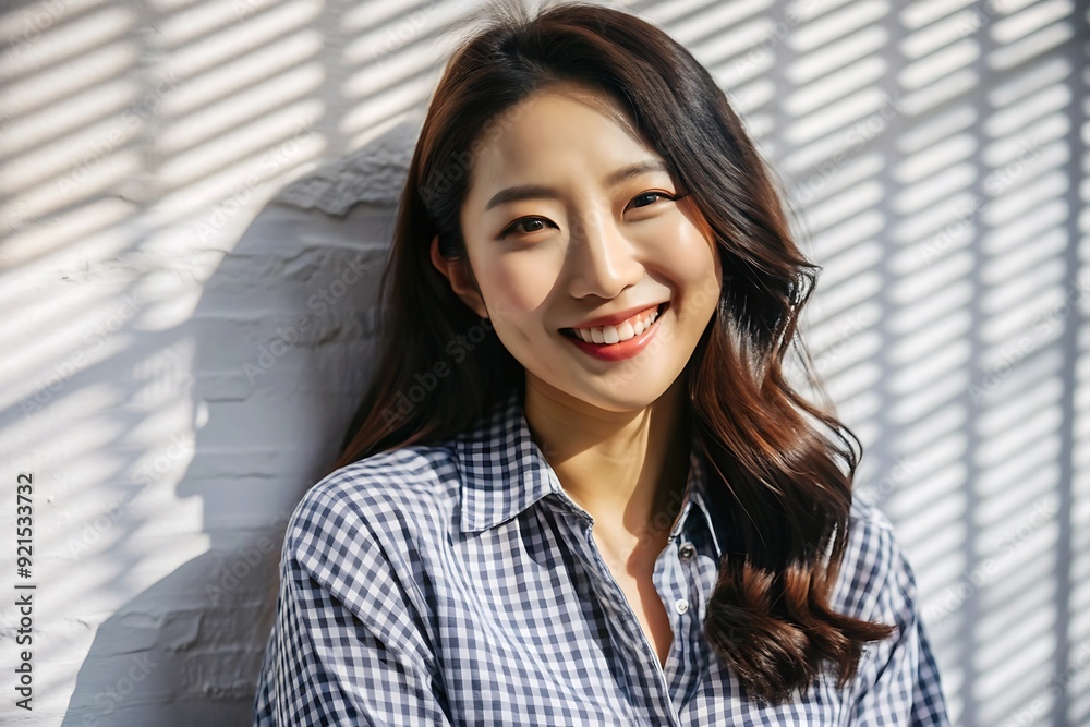 Portrait of a smiling young woman in a plaid shirt. Portrait of a smiling young woman in a plaid shirt.