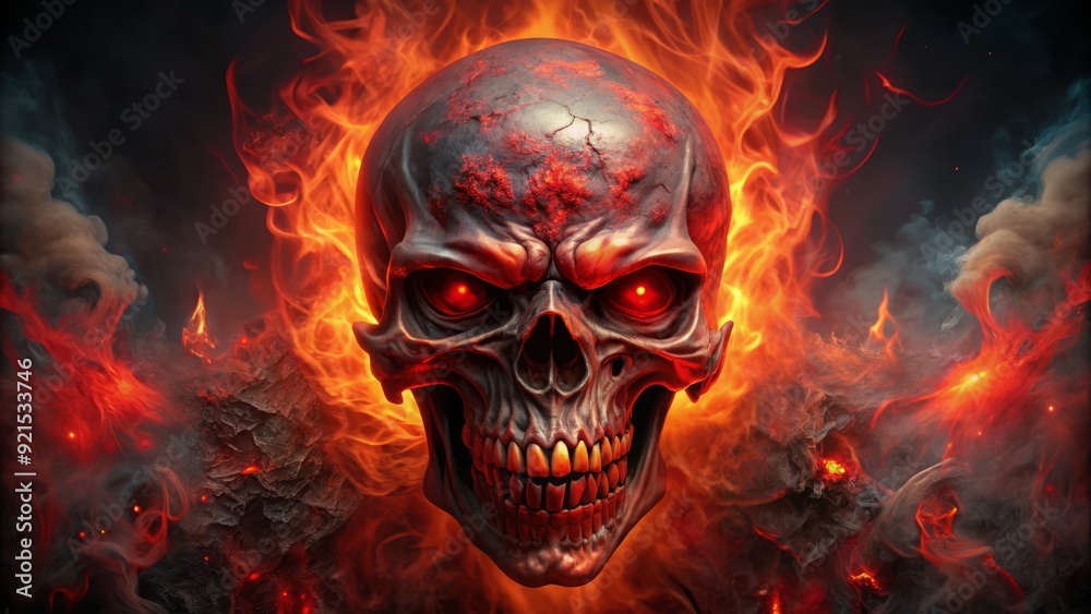 Ominous red skull with menacing eyes and sharp teeth, surrounded by dark flames and smoke, conveying a sense of danger and mystery. Ominous red skull with menacing eyes and sharp teeth, surrounded by dark flames and smoke, conveying a sense of danger and mystery.
