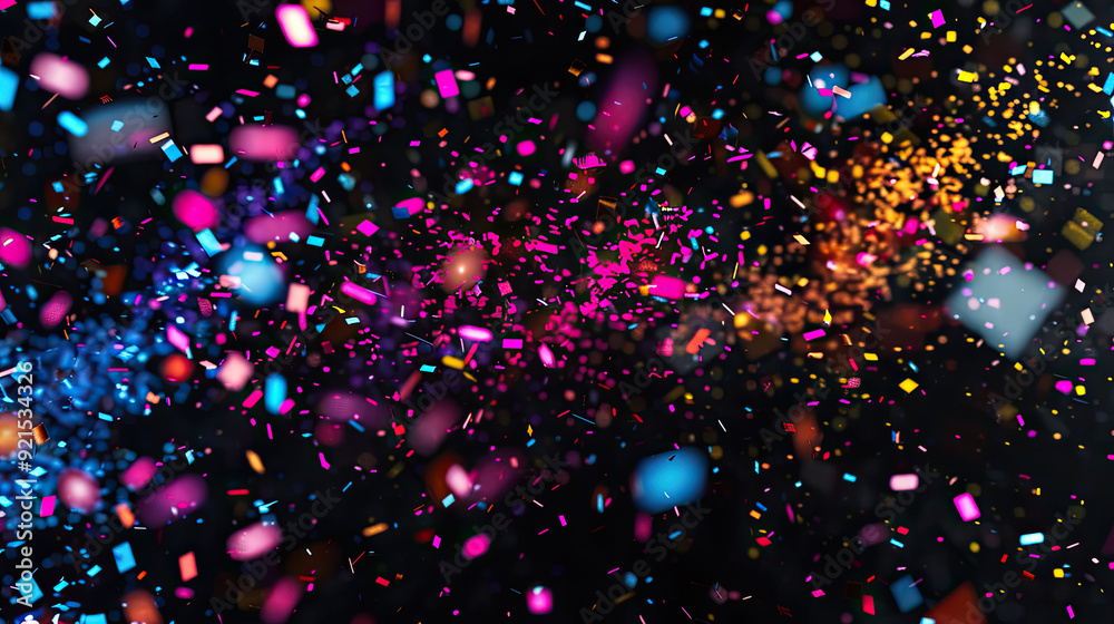 Neon confetti pieces glow with fluorescent intensity, exploding mid-air on a stark black background.