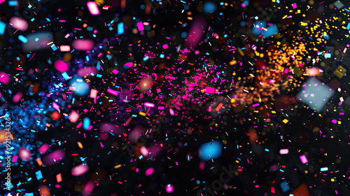 Obraz na płótnie Neon confetti pieces glow with fluorescent intensity, exploding mid-air on a stark black background. w salonie