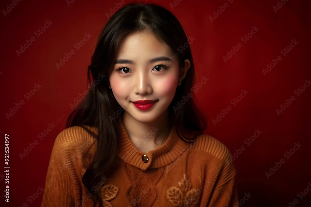 Portrait of a Young Woman with Long Black Hair Smiling Against a Red Background. Portrait of a Young Woman with Long Black Hair Smiling Against a Red Background.
