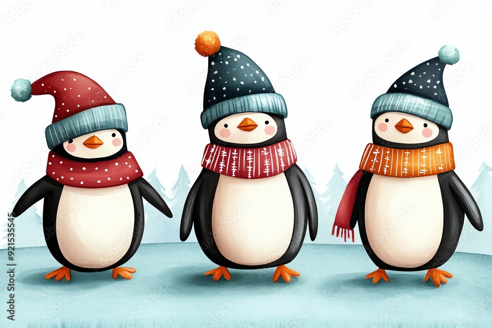 Fototapeta premium Three cheerful penguins wearing colorful hats and scarves, standing together in a snowy setting, perfect for winter themes.