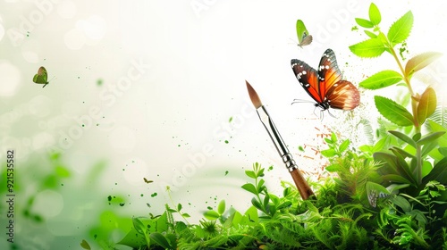 Creative Nature Concept Plants Growing from Paintbrushes and Butterflies Emerging from Strokes on White Background with Copy Space photo