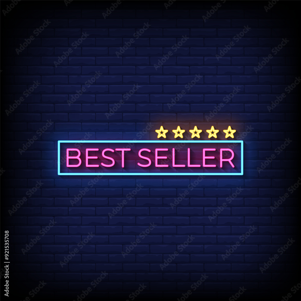 Obraz premium best seller neon sign vector with brick wall background