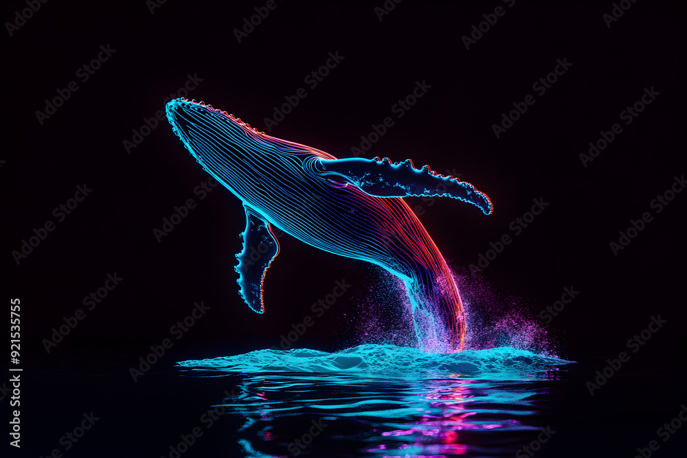Neon silhouette of a humpback whale breaching the water isotated on ...