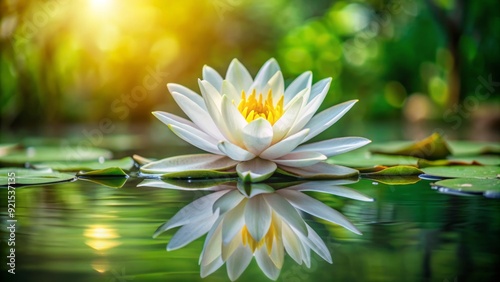 Serene natural background featuring a beautiful water lily flower with delicate white petals and green leaves floating on a calm reflective pond surface.