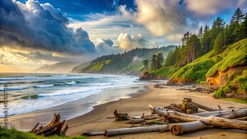 Serenene coastal scenery in Yachats, Oregon, featuring a tranquil beach with driftwood, misty ocean waves, and verdant forests under a cloudy sky. photo