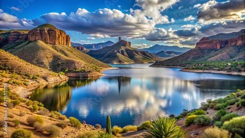 Serene Theodore Roosevelt Lake in Arizona's Tonto National Forest, surrounded by rugged desert landscape and majestic mountains, with a dam visible in the distance. photo