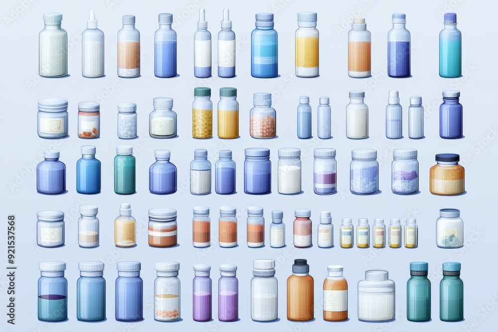 Uniform Display of Blue Medical Bottles Illustrating Order in Pharmaceutical Storage Uniform Display of Blue Medical Bottles Illustrating Order in Pharmaceutical Storage