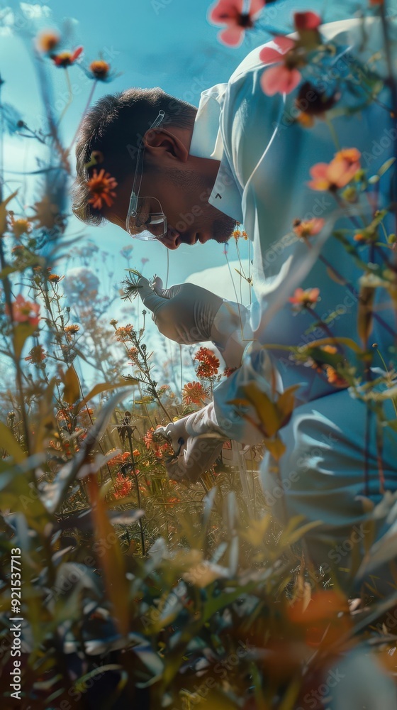 Man in a field of wildflowers, inspecting plants under a bright blue sky, showcasing outdoor love and peace. Man in a field of wildflowers, inspecting plants under a bright blue sky, showcasing outdoor love and peace.