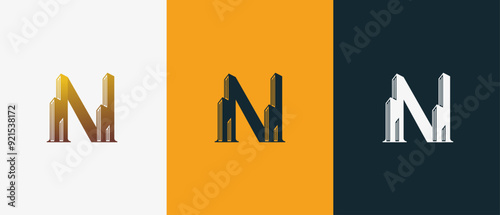 Logo Letter N and Skyscraper Building with Gold luxury color. Logo real estate, architecture, building, apartment. Editable file