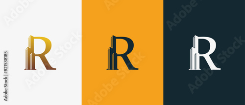 Logo Letter R and Skyscraper Building with Gold luxury color. Logo real estate, architecture, building, apartment. Editable file